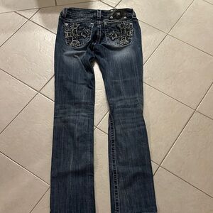 Miss Me Dark Blue Embroidered Flare Jeans with Rhinestone Pockets